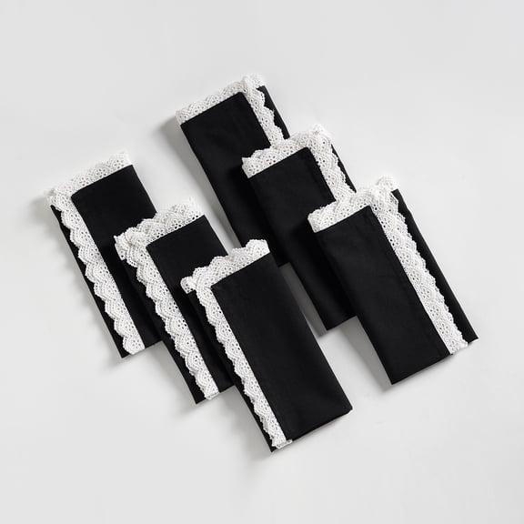 Fingercraft Cloth Napkin, Soft Quality Cotton Linen Blend Fabric, Dinner Napkins with Premium White Lace, 6 Pack, 20”x20” Black