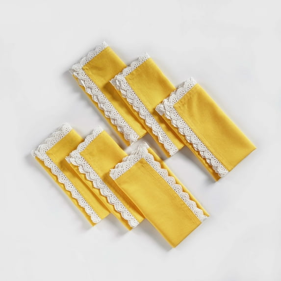 Fingercraft Cloth Napkin, Soft Quality Cotton Linen Blend Fabric, Dinner Napkins with Premium White Lace, 6 Pack, 20”x20” Lemon