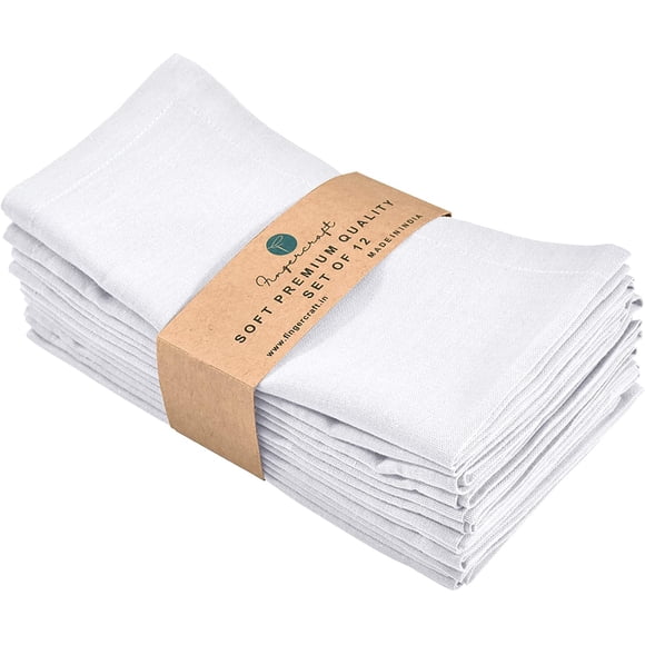 Fingercraft Cloth Napkin, Solid Color Cotton Linen Blend Table Napkins, Soft and Absorbent Fabric, Set of 12, White