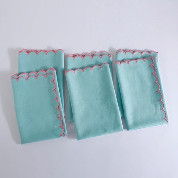 Fingercraft Cloth Napkins Cotton Linen Blend Dinner Napkin Scallop Napkins, Set of 6, 20”x20” Aqua