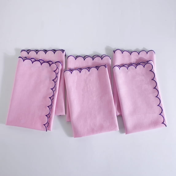 Fingercraft Cloth Napkins Cotton Linen Blend Dinner Napkin Scallop Design, Set of 6, 20”x20” Lavender