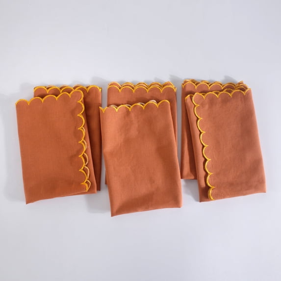Fingercraft Cloth Napkins, Everyday Use Reversible Scallop Design, Cotton Linen Blend Napkin Set of 6 Perfect for Parties Dinners Weddings Christmas Napkin Cloth 20x20 Inch Rust