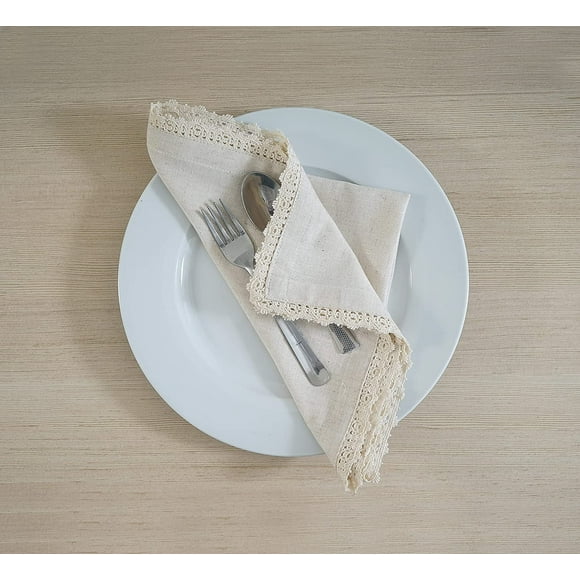 Fingercraft Cocktail Napkins, Soft Cotton Linen Blend Fabric with Classic Ivory Lace,12 Pack, Small Size Cloth Napkins, Tea Napkins, 12” x 12” Ivory
