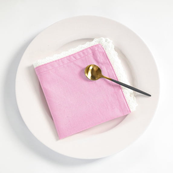 Fingercraft Dinner Cloth Napkin, Cotton Linen Blend, Metered Corner Table Napkins with Classic White Lace, 12 Pack, 12”x12” Pastel Pink