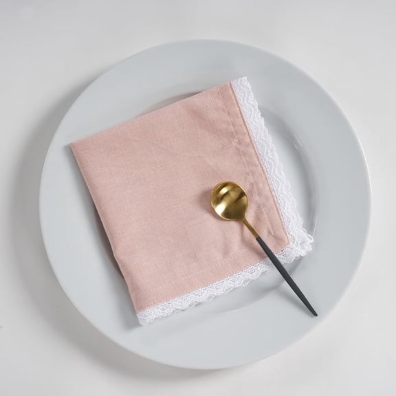 Fingercraft Dinner Cloth Napkin, Cotton Linen Blend, Metered Corner Table Napkins with Classic White Lace, 12 Pack, 12”x12” Pink