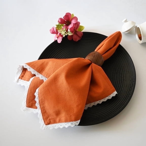 Fingercraft Dinner Cloth Napkin, Cotton Linen Blend, Metered Corner Table Napkins with Classic White Lace, 12 Pack, 12”x12” Rust