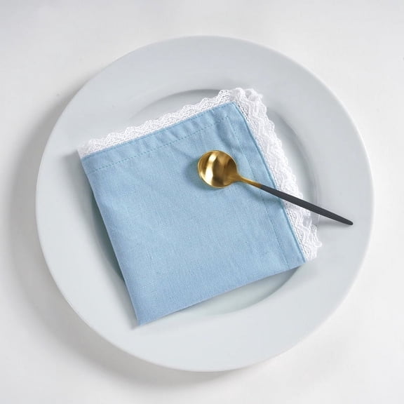 Fingercraft Dinner Cloth Napkin, Cotton Linen Blend, Metered Corner Table Napkins with Classic White Lace, 12 Pack, 12”x12” Sky Blue