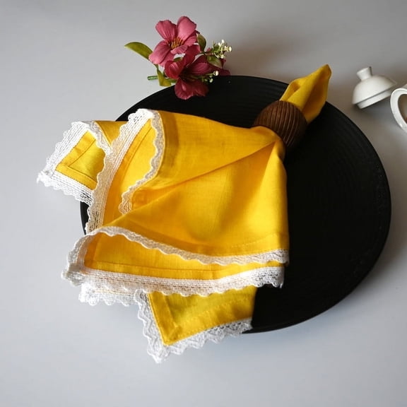 Fingercraft Dinner Cloth Napkin, Cotton Linen Blend, Metered Corner Table Napkins with Classic White Lace, 12 Pack, 12”x12” Yellow