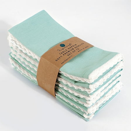 Fingercraft Dinner Cloth Napkin, Cotton Linen Blend, Metered Corner Table Napkins with Classic White Lace, 12 Pack, 20”x20” Aqua