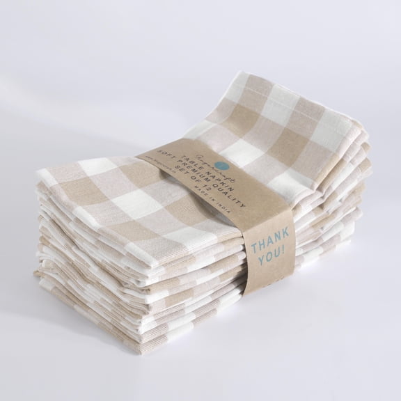 Fingercraft Dinner Cloth Napkins, Everyday Use, Soft and Well Absorbent Cotton Buffalo Plaid Table Napkins, 12 Pack, 20x20 Beige and White