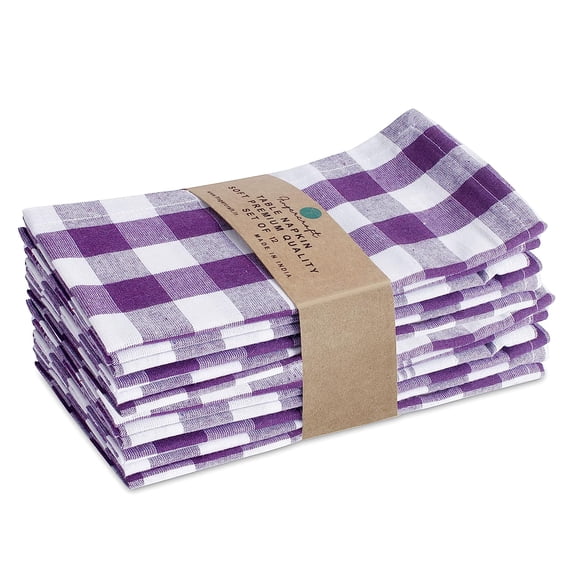 Fingercraft Dinner Cloth Napkins, Everyday Use, Soft and Well Absorbent Cotton Buffalo Plaid Table Napkins, 12 Pack, 20x20 Purple and White