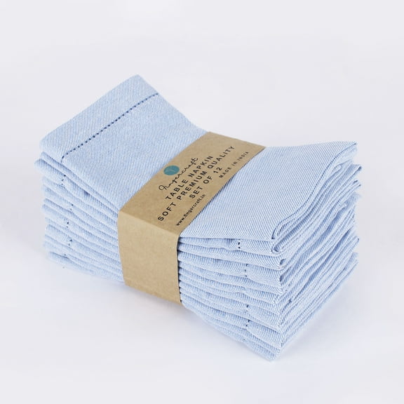 Fingercraft Dinner Napkins, 100% Cotton Dual Color Twill Chambray Hemstitched Cloth Napkin, 20in x 20in, 12 Pack, Sky Blue