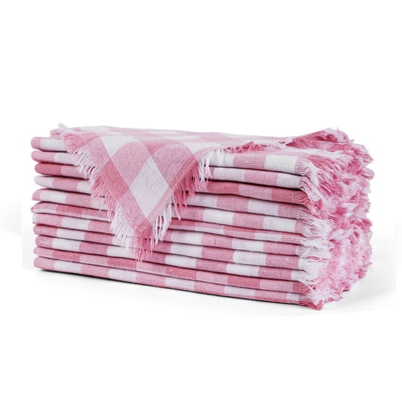 Fingercraft Fringe Napkins, Cotton Checkered 12 pack Frayed Hem, Soft and High Absorbency for Everyday Use Hotel Wedding Christmas 20 x 20in Pink Check