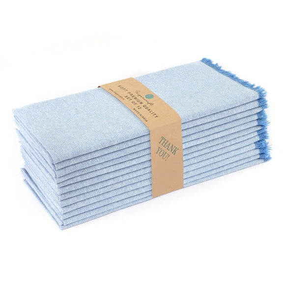 Fingercraft Fringe Napkins, Cotton Twill 12 pack Frayed Hem, Soft and High Absorbency for Everyday Use Hotel Wedding Christmas 20 x 20in Blue White