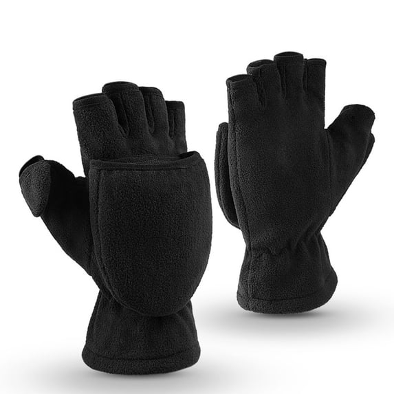 Fingerless Convertible Thermal Mittens Windproof Insulated Polar Fleece Warm for Men and Women Black