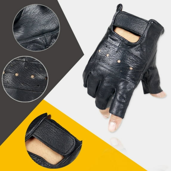 Fingerless Faux Leather Gloves, Black Biker Sports Gloves for Men & Women - Breathable Anti-Slip Grip for Cycling, Weightlifting, Motorcycle Riding