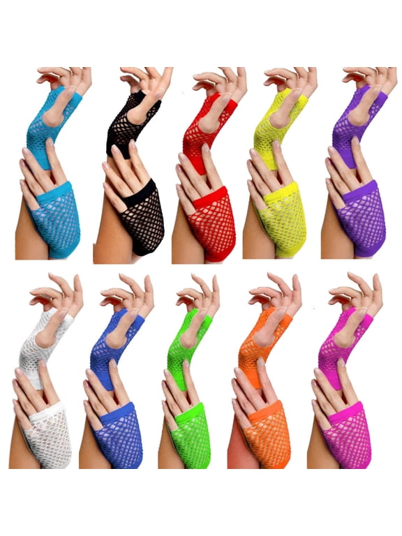 Fingerless Gloves Helii Short Mesh Red Fingerless Gloves for Women Neon Fish Net Half Finger for Party Dance Punk 80s 90s Trendy 10 Color,Under $3