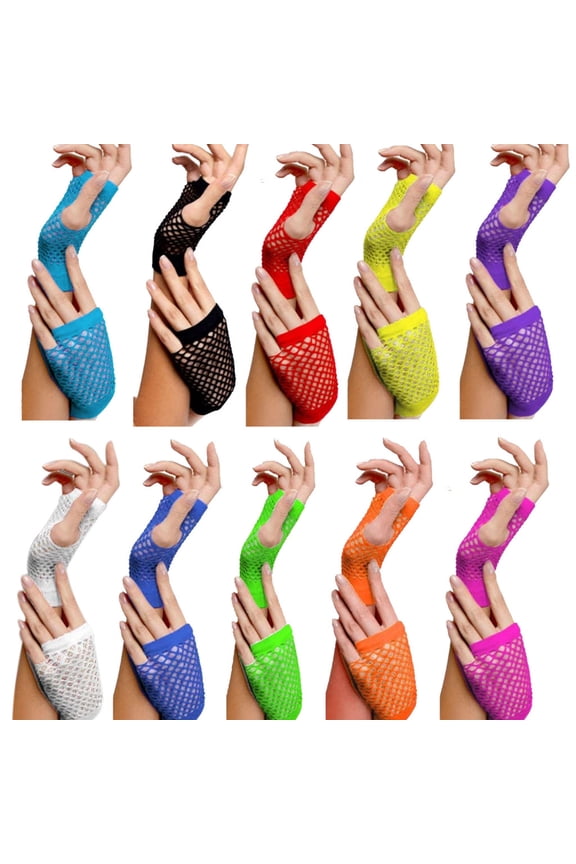 Fingerless Gloves Helii Short Mesh Sky Blue Fingerless Gloves for Women Neon Fish Net Half Finger for Party Dance Punk 80s 90s Trendy 10 Color,Under $3