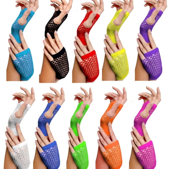 Fingerless Gloves Helii Short Mesh Yellow Fingerless Gloves for Women Neon Fish Net Half Finger for Party Dance Punk 80s 90s Trendy 10 Color,Under $3