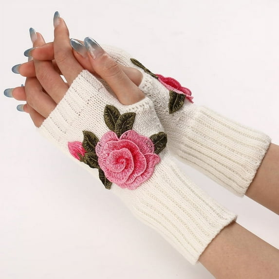 Vorkoi Fingerless Gloves Knitted Flower Winter Glove Half Finger Warm Mittens for Womens Girls Ladies Handmade Embroidery