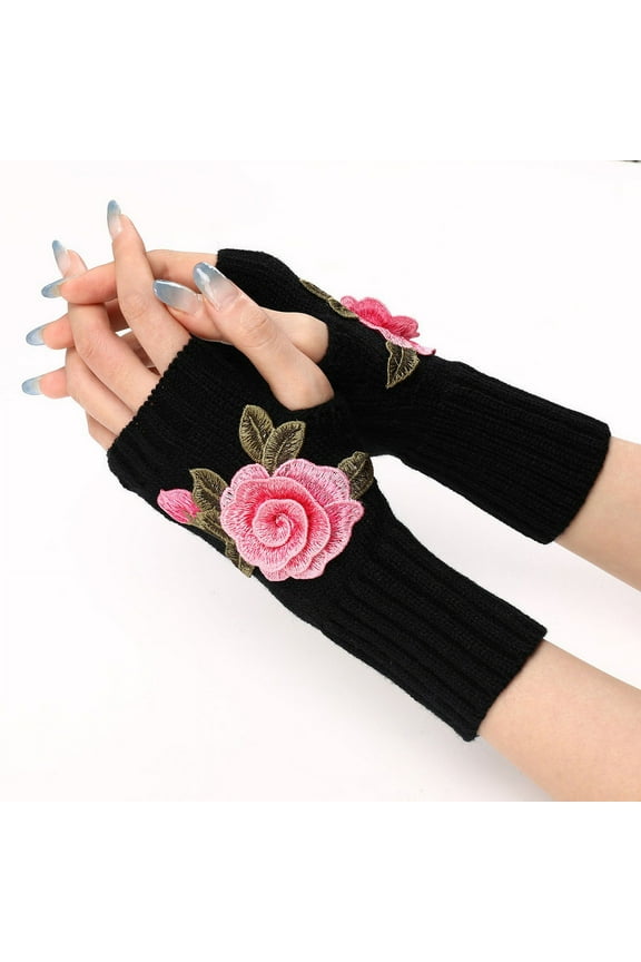 Fingerless Gloves Knitted Flower Winter Glove Half Finger Warm Mittens for Womens Girls Ladies Handmade Embroidery