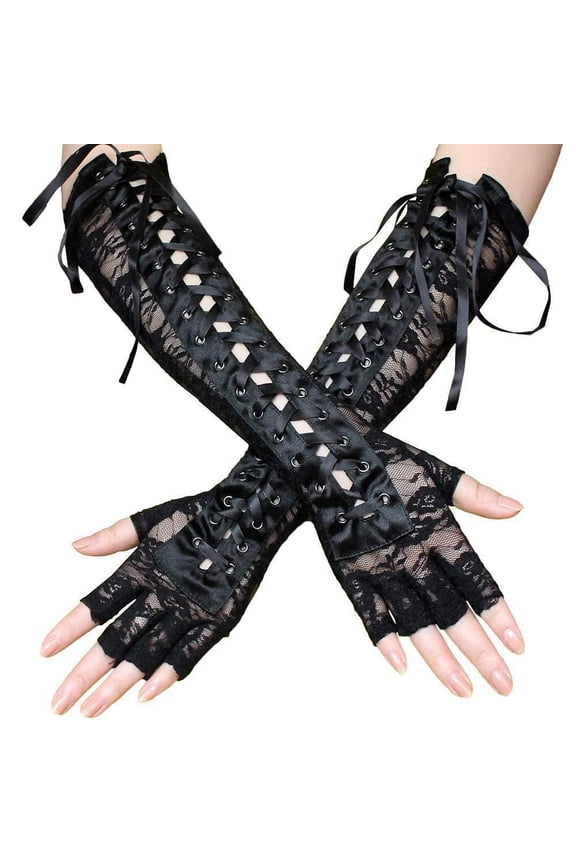 Fingerless Gloves, Lace Elbow Glove, Steam Punk Gloves Stretchy Costume Tea Party Opera Costume for Women and Girl, Fingerless Satin Gloves, Black
