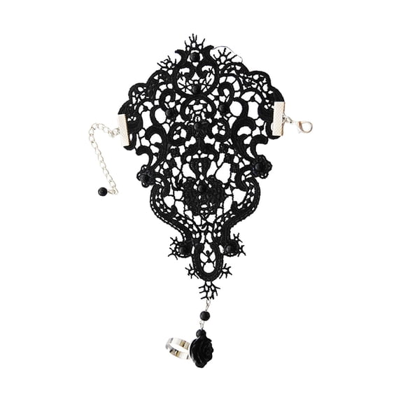 Fingerless Gloves Short Floral Lace Gloves Bridal Bracelet Ring Set Elegant Gothic Lace Embroidered Mitten for Halloween Prom Black