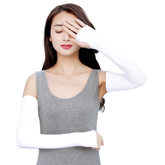 Fingerless Gloves, Sun UV Protection Arm Cover, Women Outdoor Sun Block Soft Long Arm Sleeves Fingerless Gloves Easy Finger Movement, White