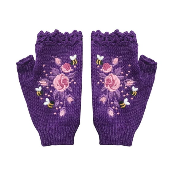 Fingerless Gloves, Women's Knit Gloves, Hand Embroidered Flower Gloves, Crochet Gloves for Women, Fashion, Boho Style, Unique Handmade Look, Gifts for Her Baberdicy, Ideal for Women