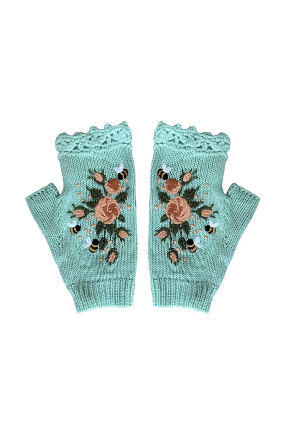 Fingerless Gloves, Women's Knit Gloves, Hand Embroidered Flower Gloves, Crochet Gloves for Women, Fashion, Boho Style, Unique Handmade Look, Gifts for Her Baberdicy, Ideal for Women