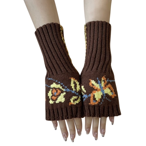 Fingerless Gloves for Women Butterfly Print Floral Motif Extended Wrist ...