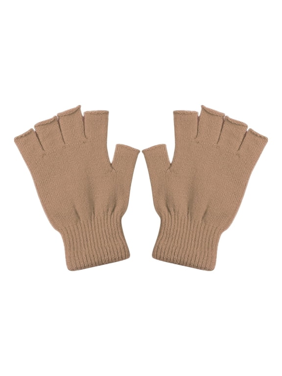 Fingerless Gloves for Women Men, Winter Warm Alpaca Wool Stretch Knit Adult Half Finger Glove for Typing, Driving,Brown