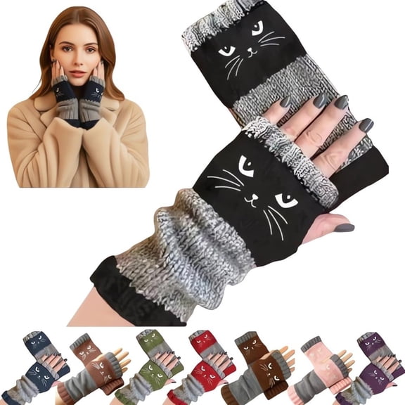 Fingerless Gloves for Women Warm, Fingerless Gloves with Cute Cat