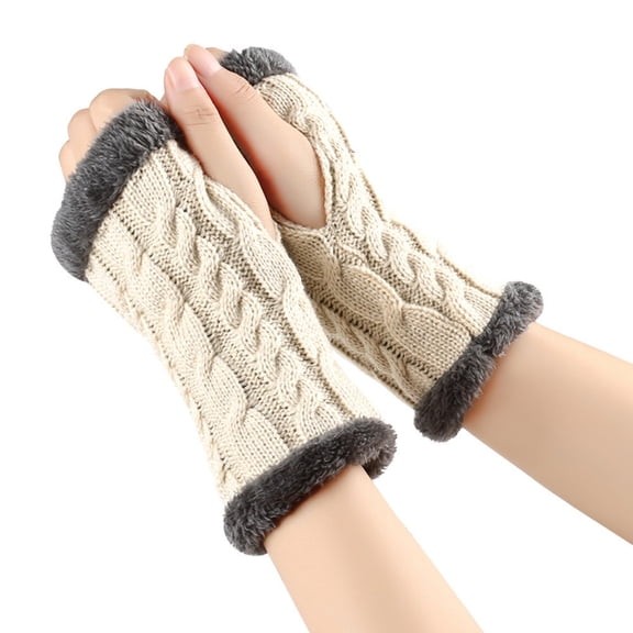 Fingerless Gloves for Women, Winter Warm Plush Arm Glove, Soft Knitted Arm Warmer Mitten with Thumb Hole for Outdoor Beige One Size