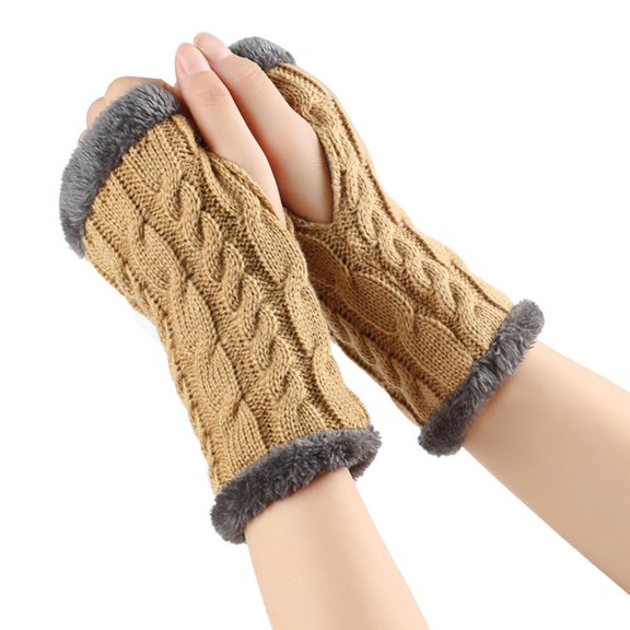 Fingerless Gloves for Women, Winter Warm Plush Arm Glove, Soft Knitted Arm Warmer Mitten with Thumb Hole for Outdoor Camel One Size