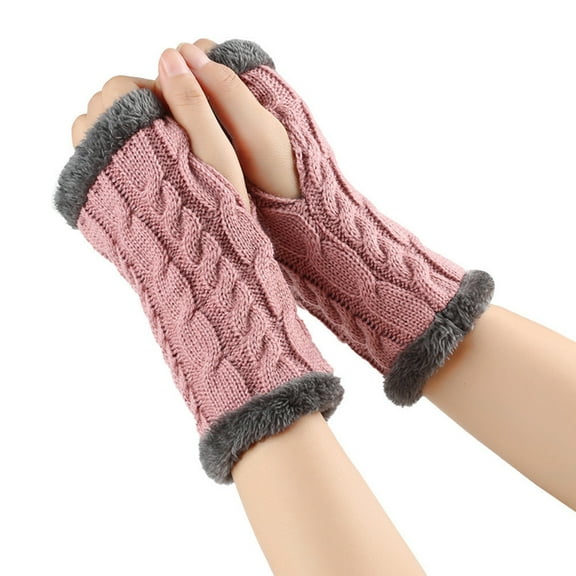 Fingerless Gloves for Women, Winter Warm Plush Arm Glove, Soft Knitted Arm Warmer Mitten with Thumb Hole for Outdoor Pink One Size