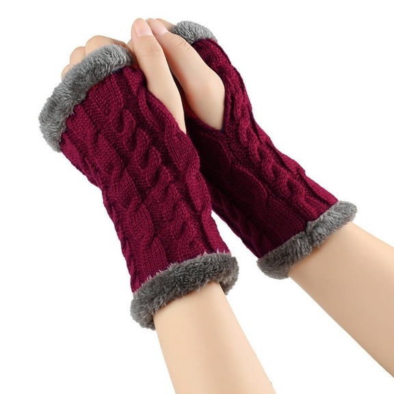 Fingerless Gloves for Women, Winter Warm Plush Arm Glove, Soft Knitted Arm Warmer Mitten with Thumb Hole for Outdoor Wine One Size