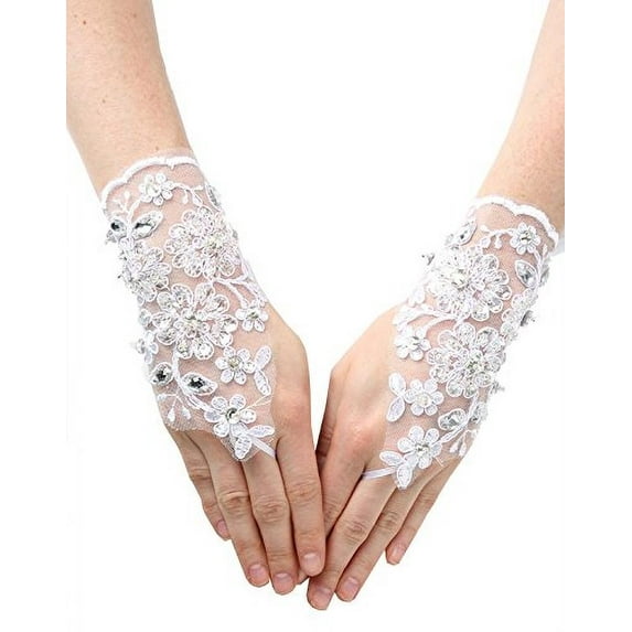 Fingerless Gloves with Sash Tie Back Rhinestone Sequin Beaded White CC GL-01