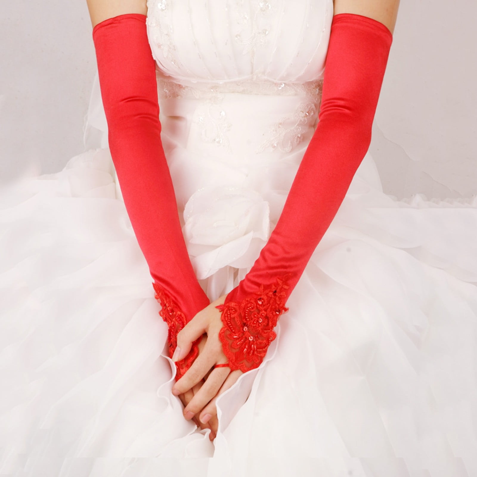 Fingerless Long Red Gloves Pierced Elbow Length Satin Gloves