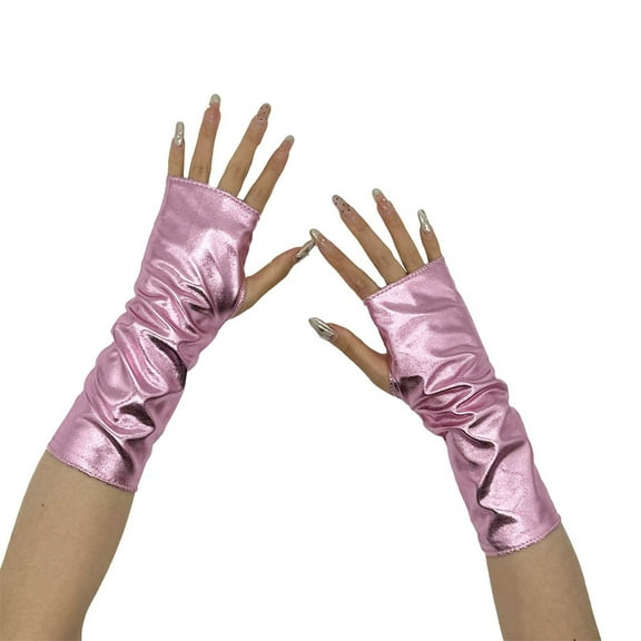 Fingerless Metallic Gloves for Cosplay, Shiny Opera Style Long Gloves with Reflective Coating, Glitter Costume Accessories for Role Play, Elegant Evening Gloves for Adults and Performance Events Pink