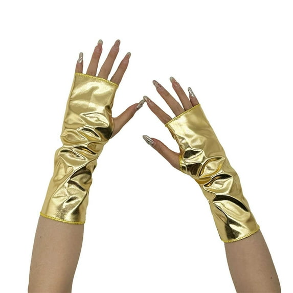 Fingerless Metallic Gloves for Cosplay, Shiny Opera Style Long Gloves with Reflective Coating, Glitter Costume Accessories for Role Play, Elegant Evening Gloves for Adults and Performance Events Gold