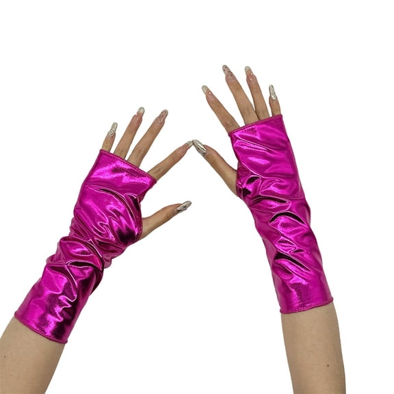Fingerless Metallic Gloves for Cosplay,Shiny Opera Style Long Gloves with Reflective Coating,Glitter Costume Accessories for Role Play,Elegant Evening Gloves for Adults and Performance Event Hot Pink