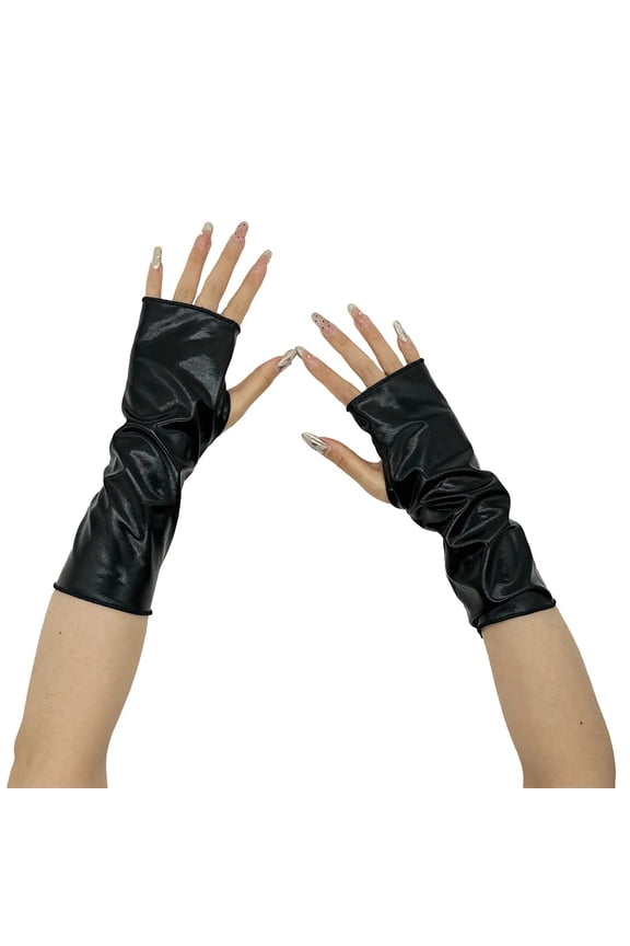 Fingerless Metallic Gloves for Cosplay,Shiny Opera Style Long Gloves with Reflective Coating,Glitter Costume Accessories for Role Play,Elegant Evening Gloves for Adults and Performance Events Black