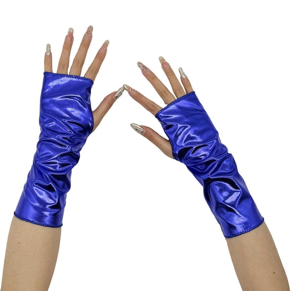 Fingerless Metallic Gloves for Cosplay, Shiny Opera Style Long Gloves with Reflective Coating, Glitter Costume Accessories for Role Play, Elegant Evening Gloves for Adults and Performance Events Blue