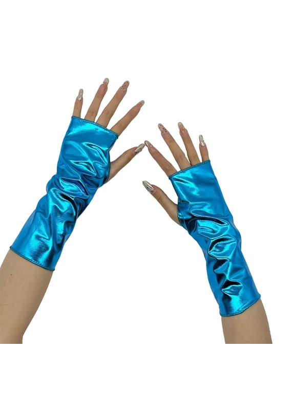 Fingerless Metallic Gloves for Cosplay,Shiny Opera Style Long Gloves with Reflective Coating,Glitter Costume Accessories for Role Play,Elegant Evening Gloves for Adults and Performance Event Sky Blue
