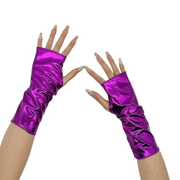 Fingerless Metallic Gloves for Cosplay,Shiny Opera Style Long Gloves with Reflective Coating,Glitter Costume Accessories for Role Play,Elegant Evening Gloves for Adults and Performance Events Purple