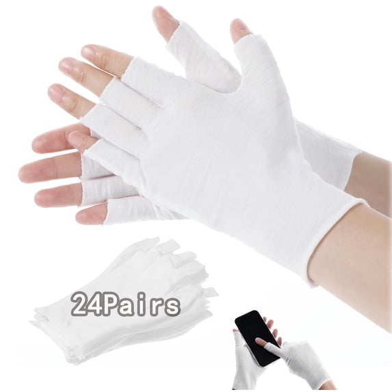 Fingerless Moisturizer Gloves Tutuviw 24 Pairs Cotton Gloves for Dry Hands Sleeping, Fingerless Touchscreen Spa Skin Treatment, Reusable Friendly Gloves for Women Men Sleeping (White)