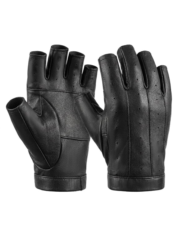 Fingerless Sheepskin Leather Gloves for Men & Women, Breathable Half Finger Driving Motorcycle Riding Gloves, Lightweight Unlined Gloves for Cycling, Outdoor Activities, Black - M
