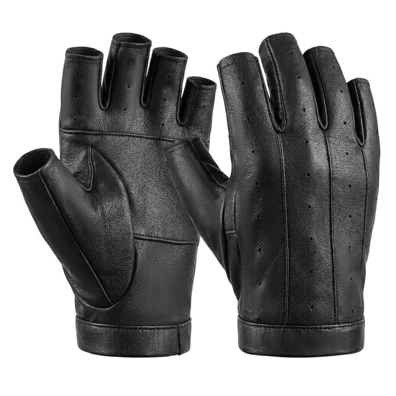 Fingerless Sheepskin Leather Gloves for Men & Women, Breathable Half Finger Driving Motorcycle Riding Gloves, Lightweight Unlined Gloves for Cycling, Outdoor Activities, Black - L