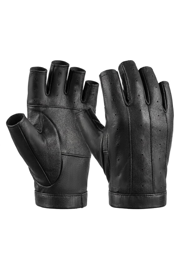 Fingerless Sheepskin Leather Gloves for Men & Women, Breathable Half Finger Driving Motorcycle Riding Gloves, Lightweight Unlined Gloves for Cycling, Outdoor Activities, Black - M
